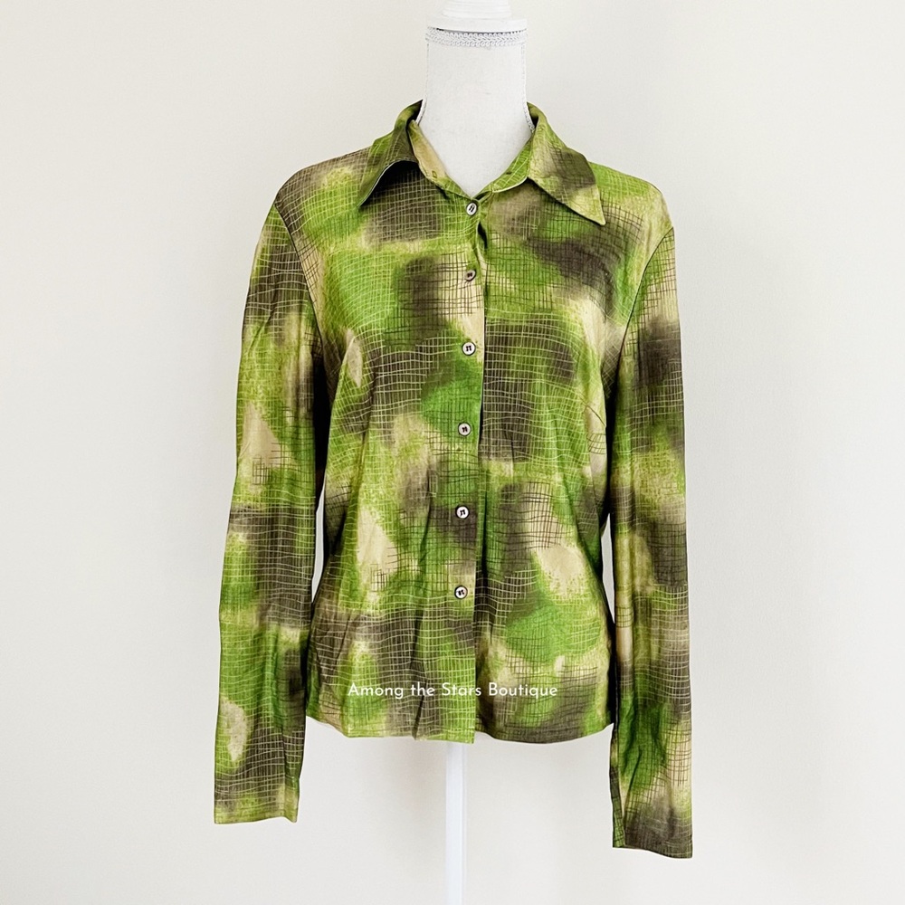 Very Rare 90s Vintage Green Abstract Print Button-Up Blouse ASO Cordelia in BTVS - Picture 7 of 14